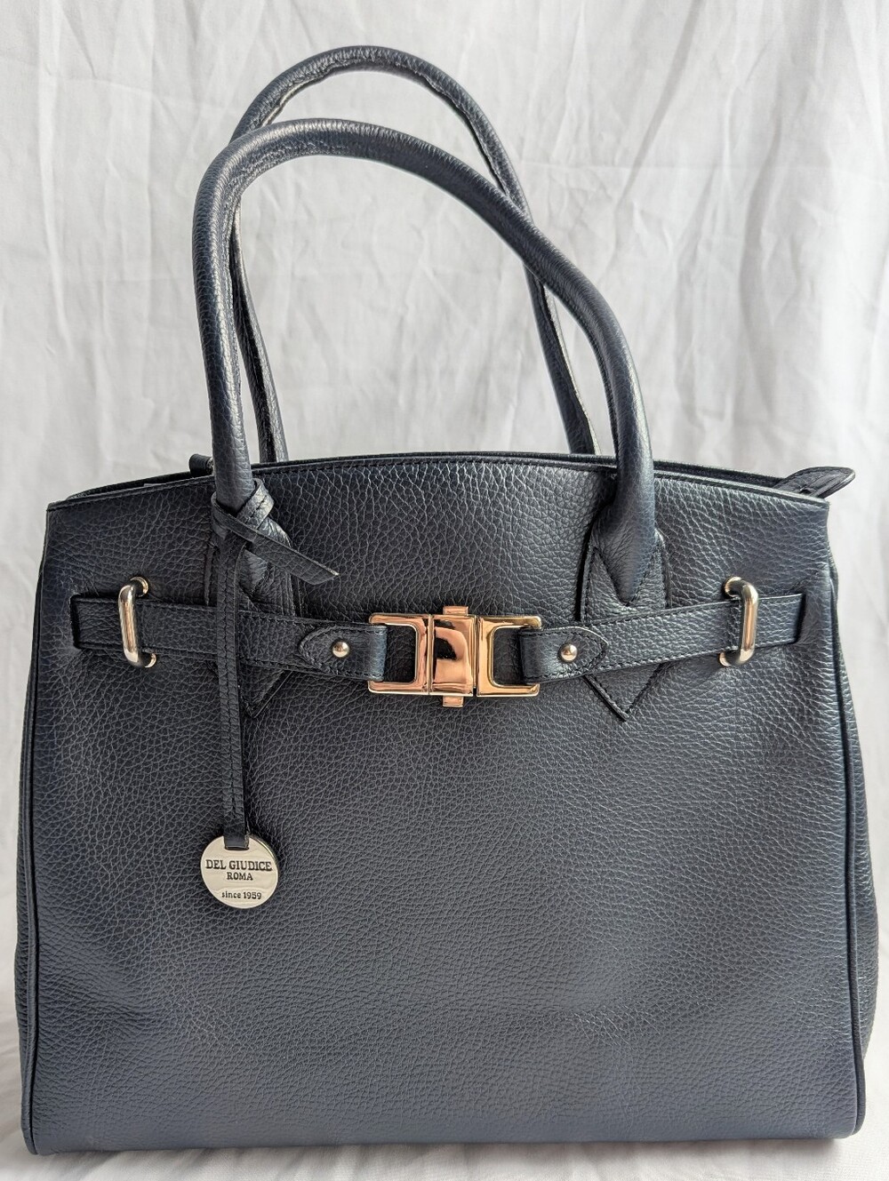 Del Giudice Roma Rita 40 Pebbled Leather Tote Bag Navy Blue